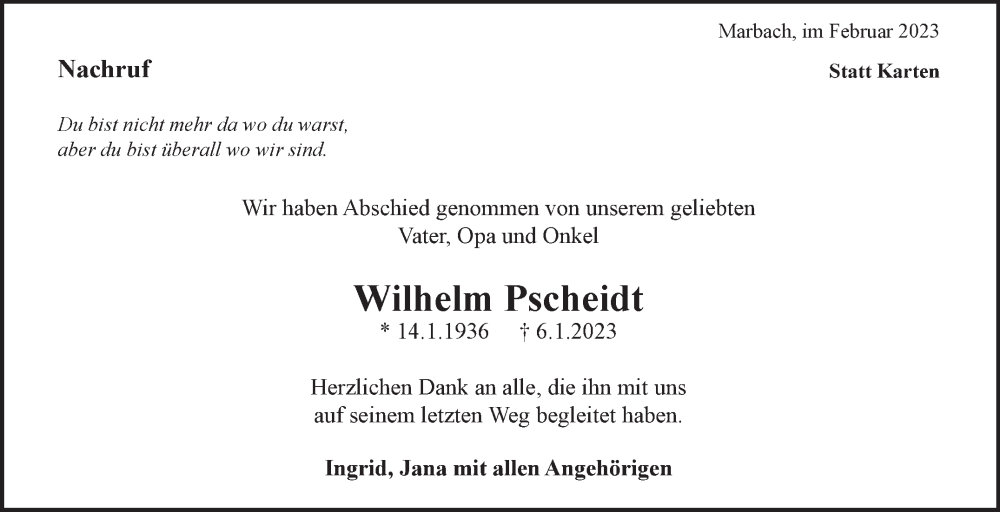  Traueranzeige für Wilhelm Pscheidt vom 01.02.2023 aus Marbacher Zeitung