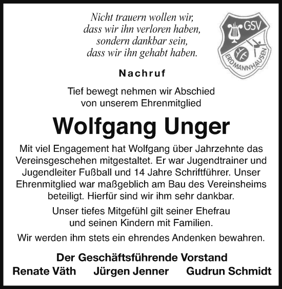 Traueranzeige von Wolfgang Unger von Marbacher Zeitung