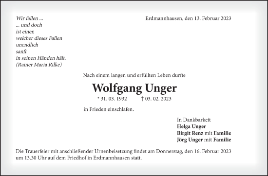 Traueranzeige von Wolfgang Unger von Marbacher Zeitung