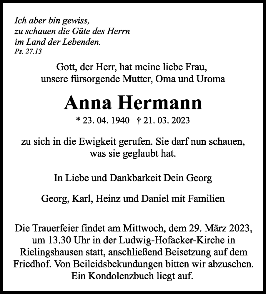  Traueranzeige für Anna Hermann vom 27.03.2023 aus Marbacher Zeitung