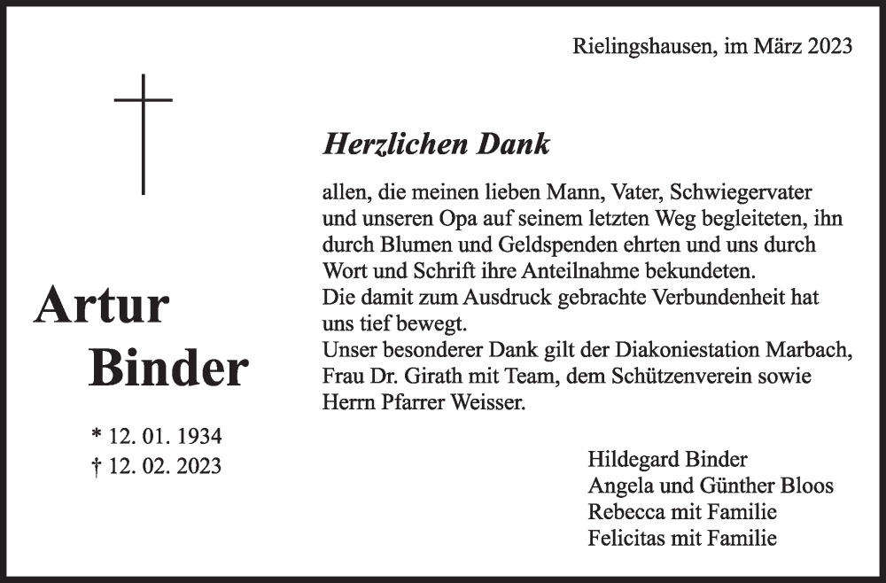  Traueranzeige für Artur Binder vom 10.03.2023 aus Marbacher Zeitung
