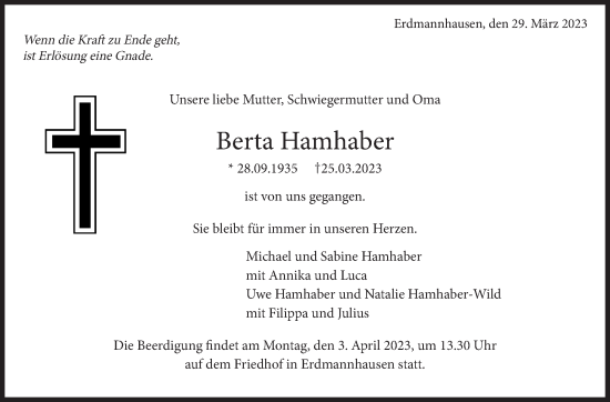 Traueranzeige von Berta Hamhaber von Marbacher Zeitung