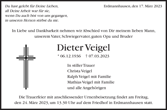 Traueranzeige von Dieter Veigel von Marbacher Zeitung