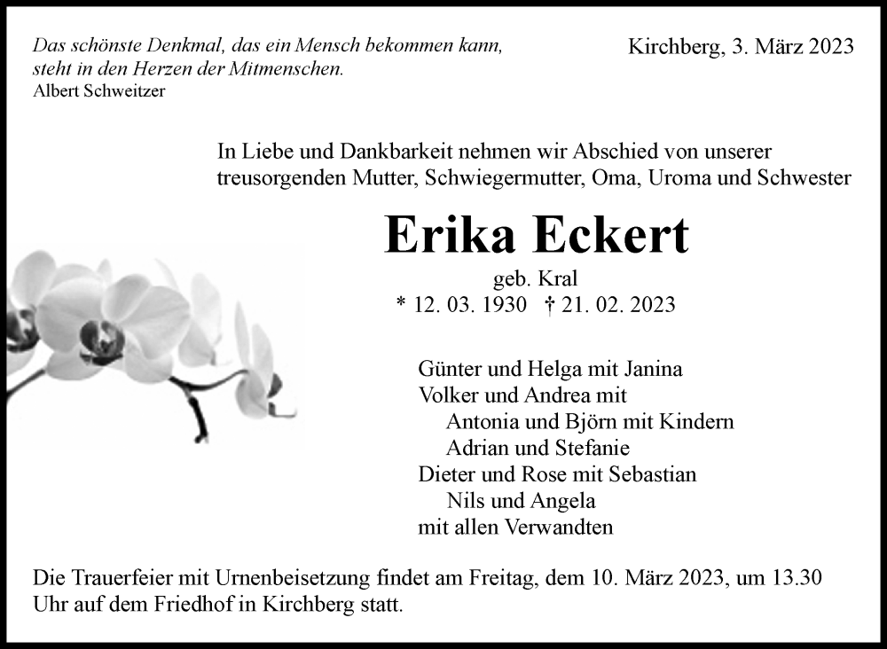  Traueranzeige für Erika Eckert vom 03.03.2023 aus Marbacher Zeitung