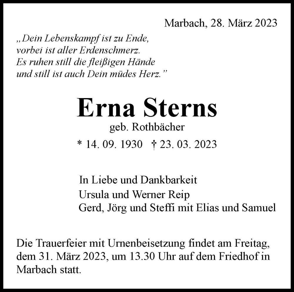  Traueranzeige für Erna Sterns vom 28.03.2023 aus Marbacher Zeitung