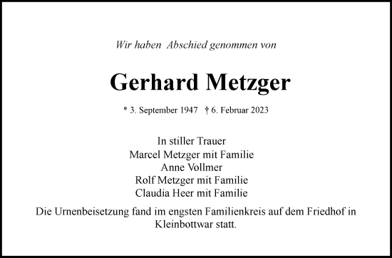 Traueranzeige von Gerhard Metzger von Marbacher Zeitung