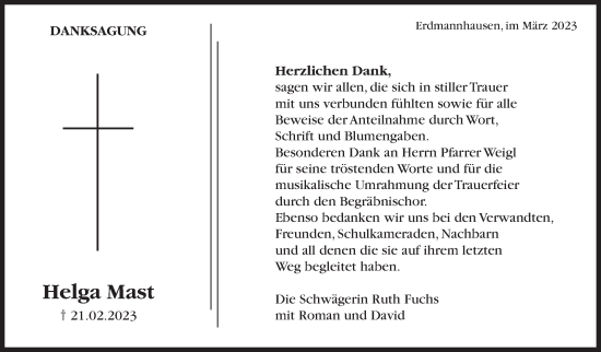 Traueranzeige von Helga Mast von Marbacher Zeitung