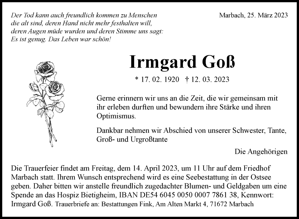  Traueranzeige für Irmgard Goß vom 25.03.2023 aus Marbacher Zeitung