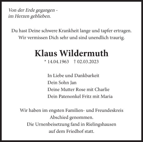 Traueranzeige von Klaus Wildermuth von Marbacher Zeitung