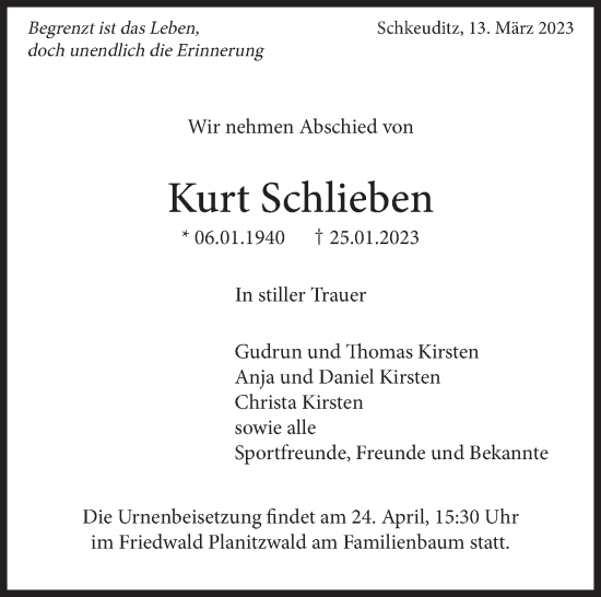 Traueranzeige von Kurt Schlieben von Marbacher Zeitung