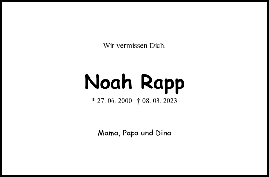 Traueranzeige von Noah Rapp von Marbacher Zeitung