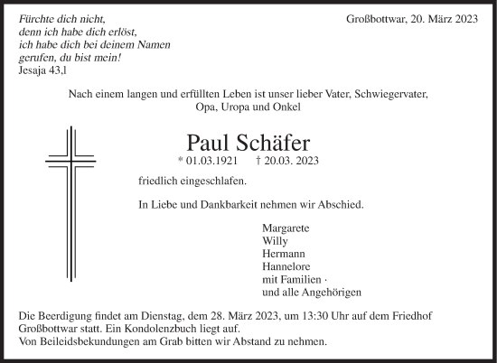Traueranzeige von Paul Schäfer von Marbacher Zeitung