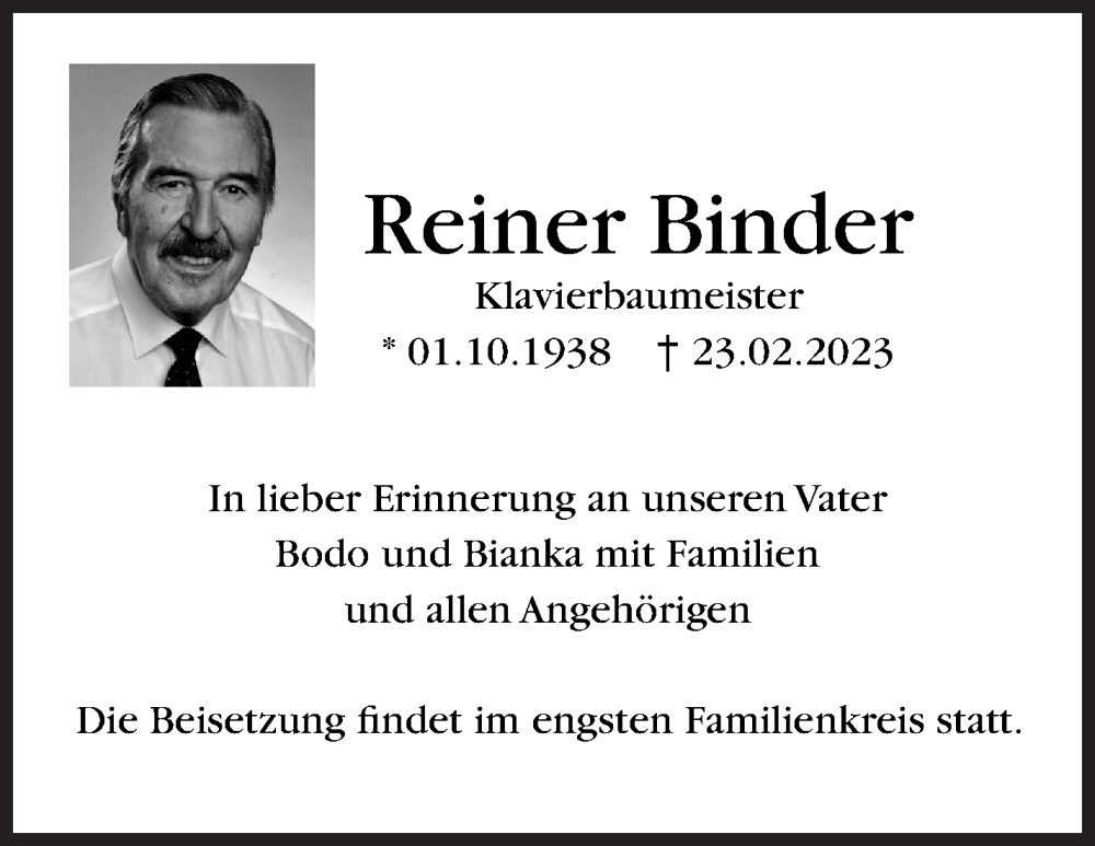  Traueranzeige für Reiner Binder vom 01.03.2023 aus Marbacher Zeitung