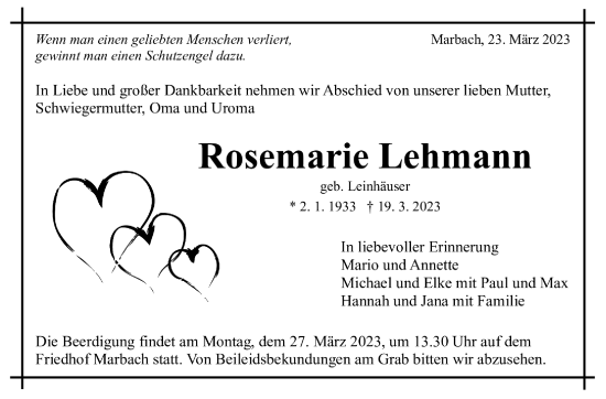 Traueranzeige von Rosemarie Lehmann von Marbacher Zeitung