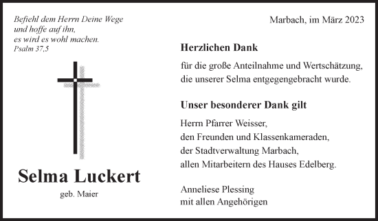 Traueranzeige von Selma Luckert von Marbacher Zeitung