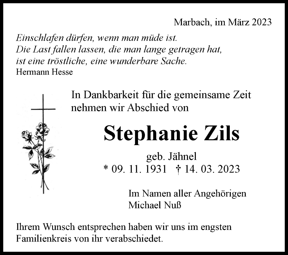  Traueranzeige für Stephanie Zils vom 29.03.2023 aus Marbacher Zeitung