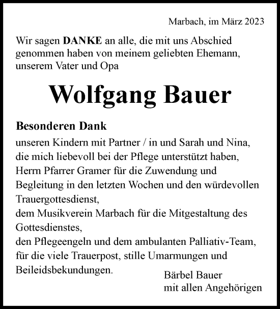 Traueranzeige von Wolfgang Bauer von Marbacher Zeitung