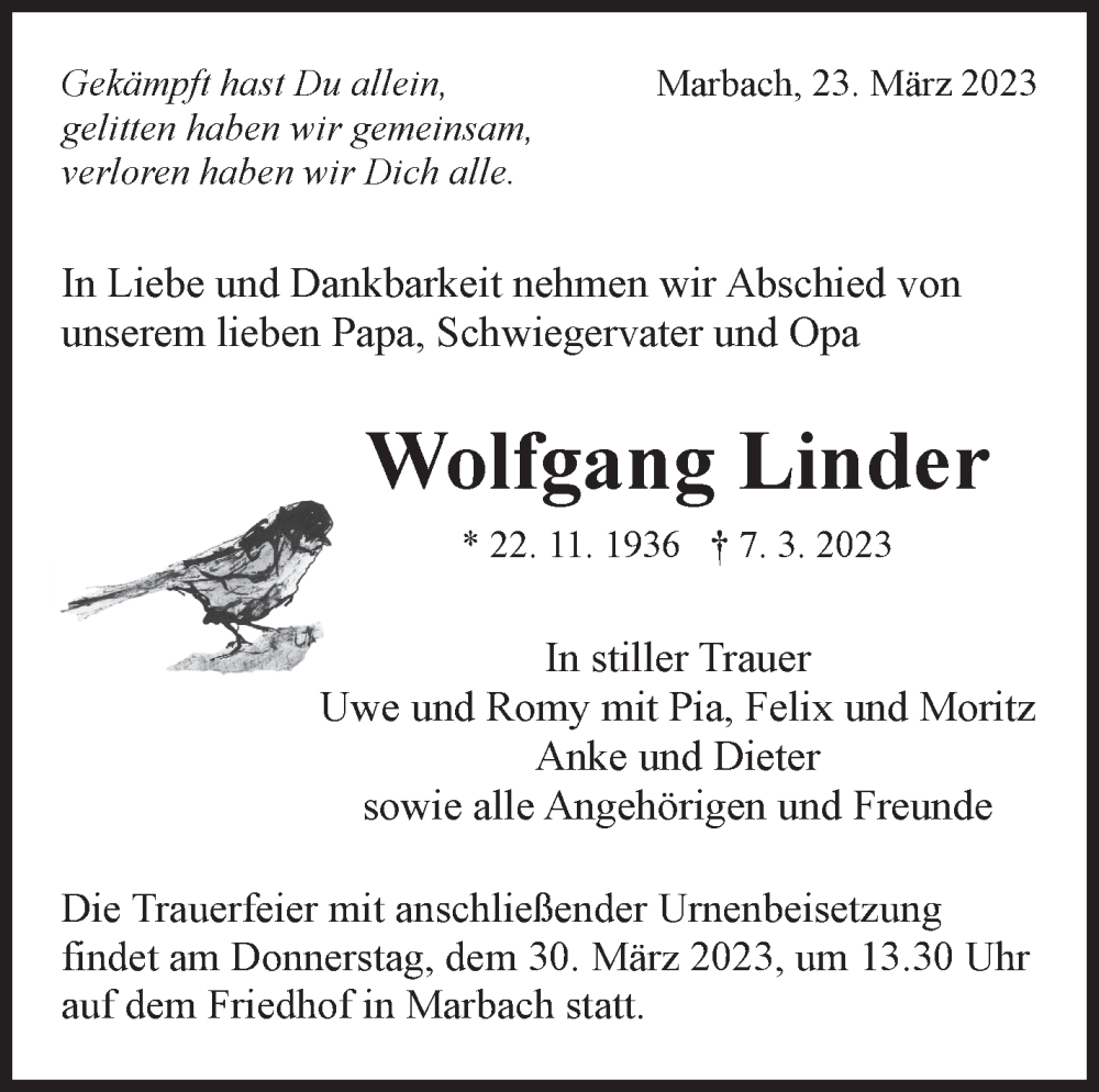  Traueranzeige für Wolfgang Linder vom 23.03.2023 aus Marbacher Zeitung