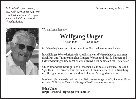 Traueranzeige von Wolfgang Unger von Marbacher Zeitung