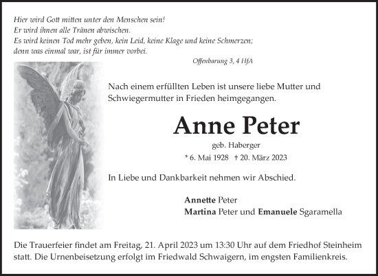 Traueranzeige von Anne Peter von Marbacher Zeitung
