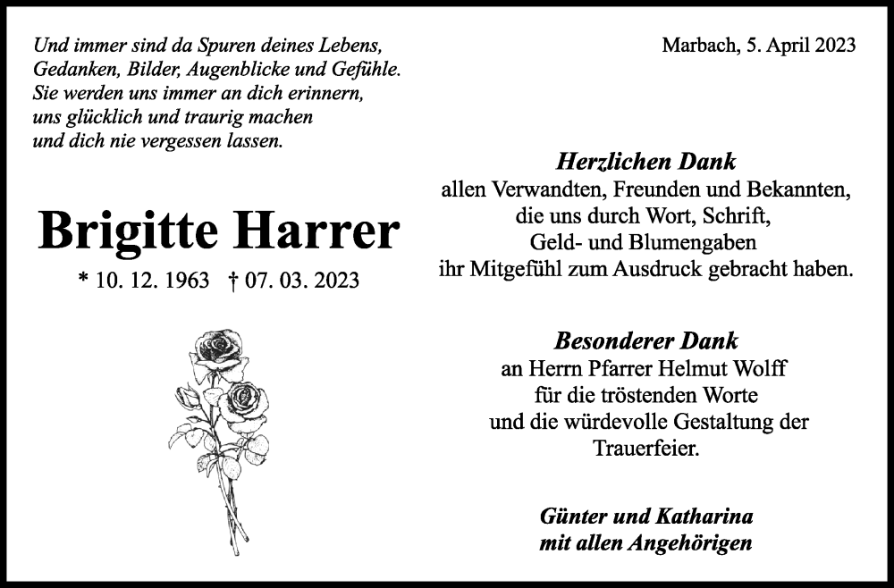  Traueranzeige für Brigitte Harrer vom 05.04.2023 aus Marbacher Zeitung