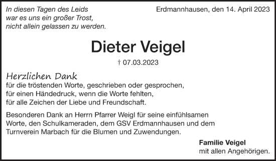 Traueranzeige von Dieter Veigel von Marbacher Zeitung