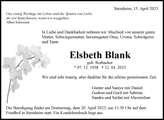Traueranzeige von Elsbeth Blank von Marbacher Zeitung