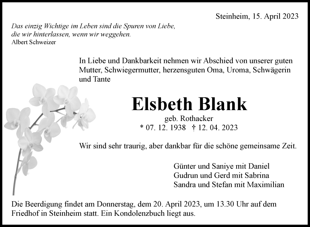  Traueranzeige für Elsbeth Blank vom 15.04.2023 aus Marbacher Zeitung