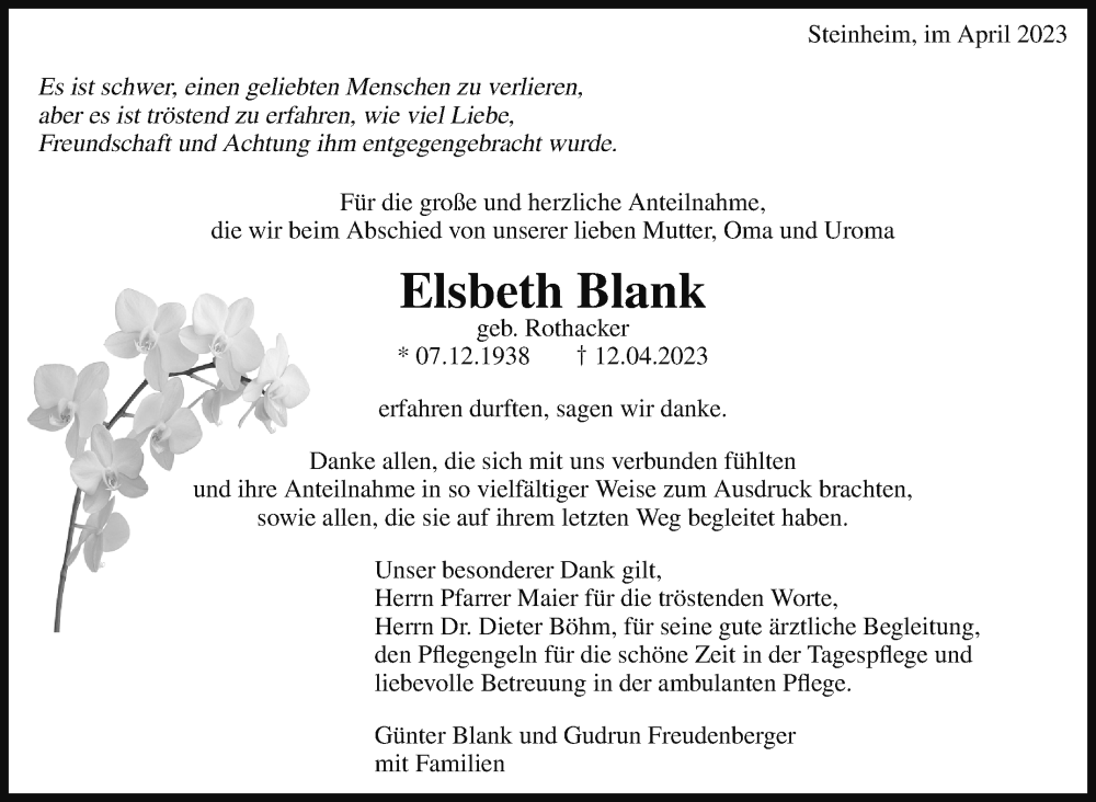  Traueranzeige für Elsbeth Blank vom 28.04.2023 aus Marbacher Zeitung
