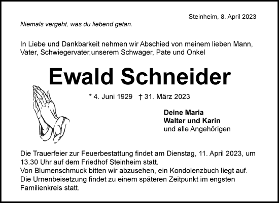 Traueranzeige von Ewald Schneider von Marbacher Zeitung