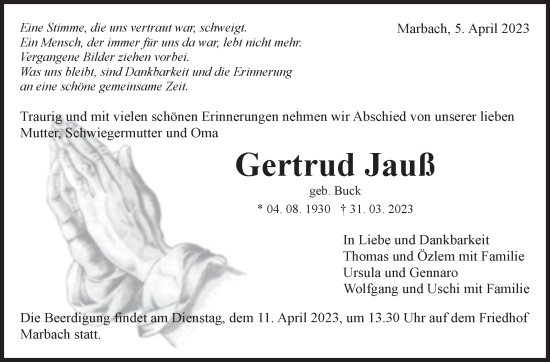Traueranzeige von Gertrud Jauß von Marbacher Zeitung