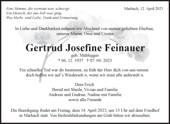Traueranzeige von Gertrud Josefine Feinauer von Marbacher Zeitung