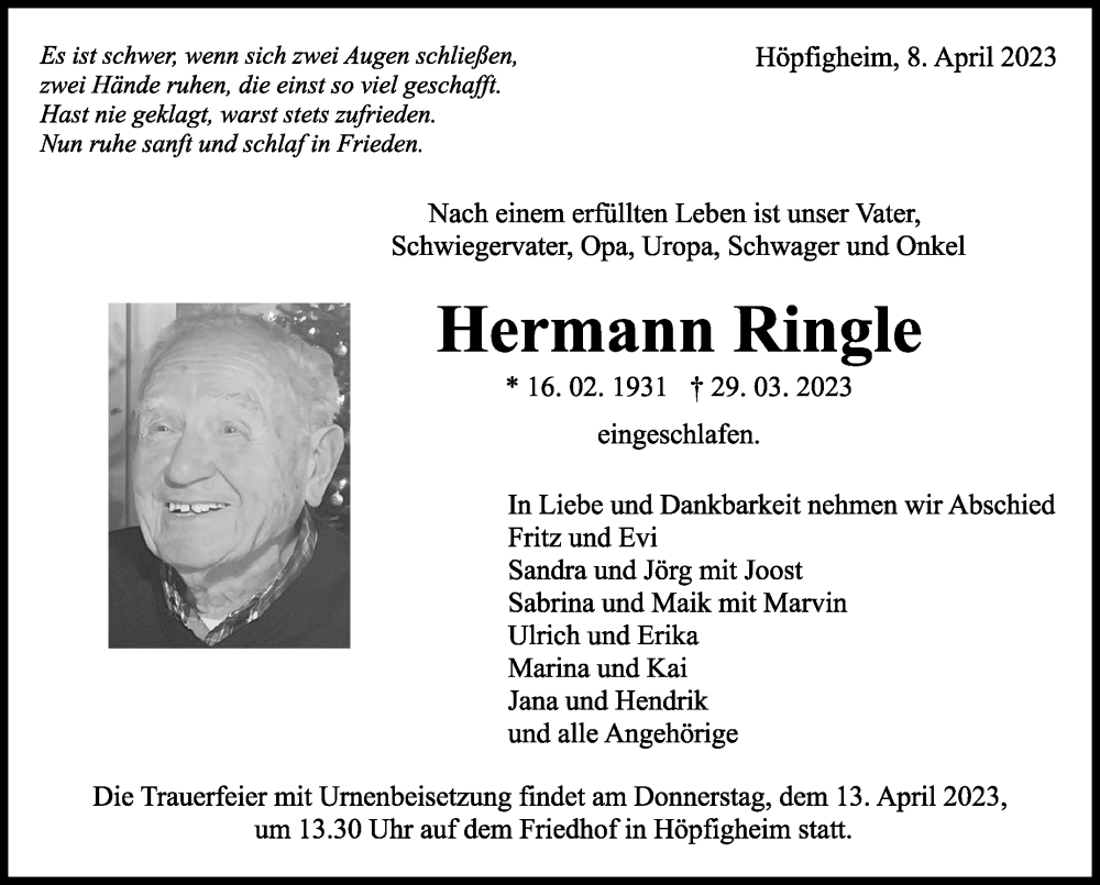  Traueranzeige für Hermann Ringle vom 08.04.2023 aus Marbacher Zeitung