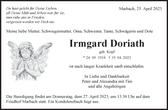 Traueranzeige von Irmgard Doriath von Marbacher Zeitung