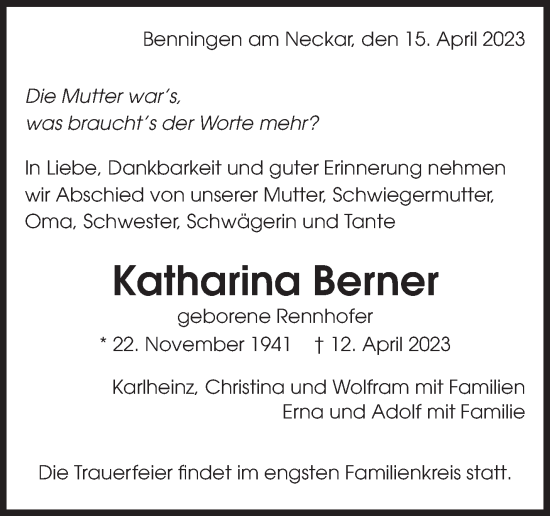 Traueranzeige von Katharina Berner von Marbacher Zeitung
