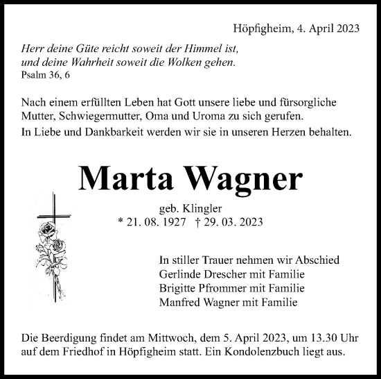 Traueranzeige von Marta Wagner von Marbacher Zeitung