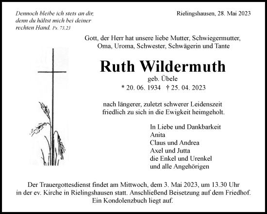 Traueranzeige von Ruth Wildermuth von Marbacher Zeitung