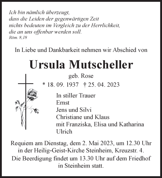 Traueranzeige von Ursula Mutscheller von Marbacher Zeitung
