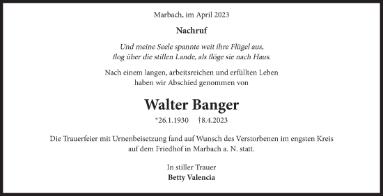 Traueranzeige von Walter Banger von Marbacher Zeitung