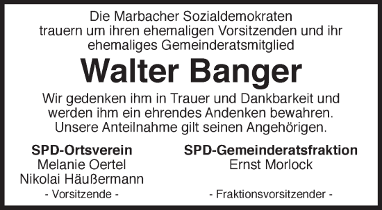 Traueranzeige von Walter Banger von Marbacher Zeitung