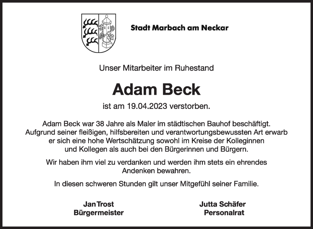  Traueranzeige für Adam Beck vom 04.05.2023 aus Marbacher Zeitung
