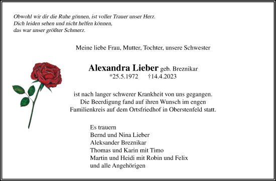 Traueranzeige von Alexandra Lieber von Marbacher Zeitung