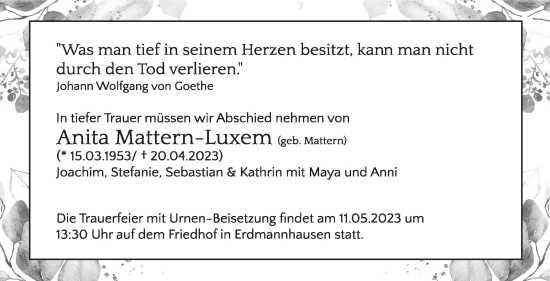 Traueranzeige von Anita Mattern-Luxem von Marbacher Zeitung