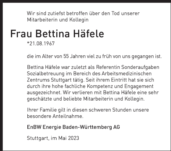 Traueranzeige von Bettina Häfele von Marbacher Zeitung