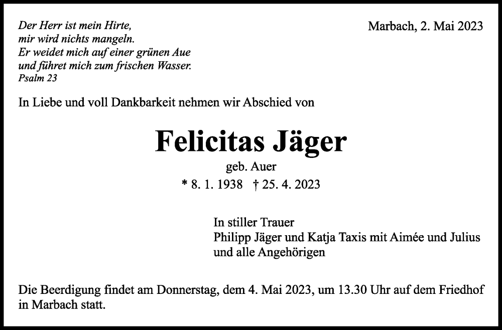  Traueranzeige für Felicitas Jäger vom 02.05.2023 aus Marbacher Zeitung