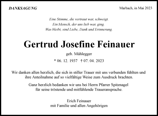 Traueranzeige von Gertrud Josefine Feinauer von Marbacher Zeitung
