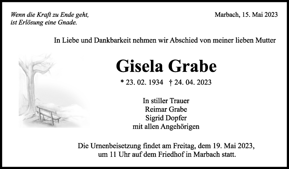  Traueranzeige für Gisela Grabe vom 15.05.2023 aus Marbacher Zeitung