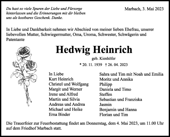 Traueranzeige von Hedwig Heinrich von Marbacher Zeitung