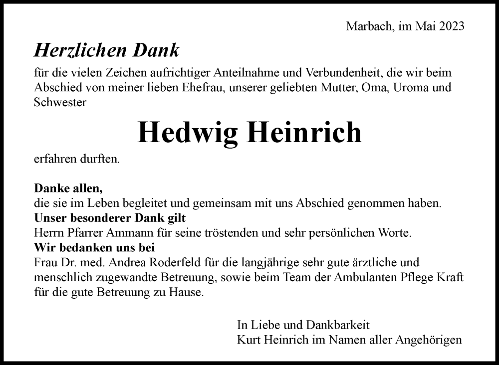  Traueranzeige für Hedwig Heinrich vom 30.05.2023 aus Marbacher Zeitung