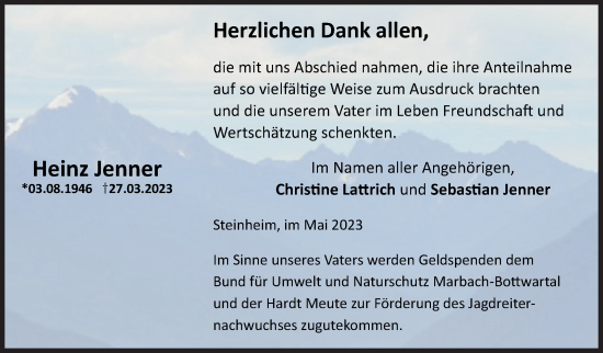 Traueranzeige von Heinz Jenner von Marbacher Zeitung